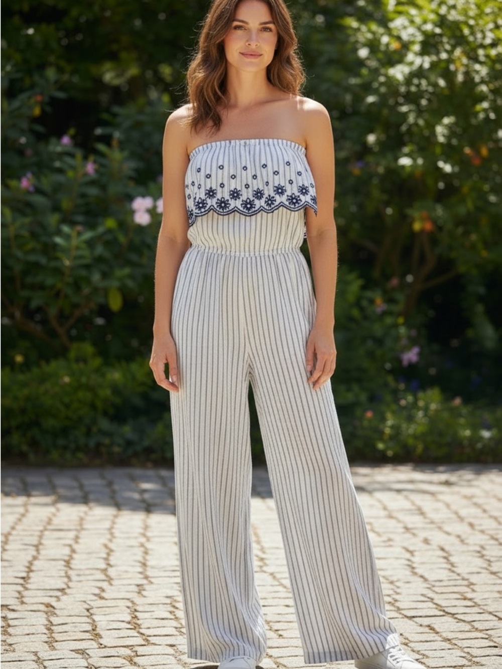 Japna Strapless Embroidered Ruffle Wide-Leg Jumpsuit - White & Navy 100% Rayon